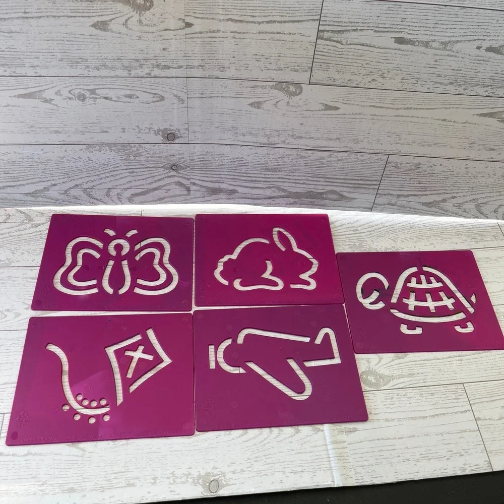 Vintage 1993 Binney & Smith Pink Plastic Stencils Set of 9‎ Animals Vehicles 90s